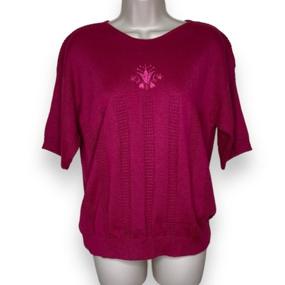 Vintage Cricket Lane Short Sleeve Embroidered Sweater Berry Pink Women Large